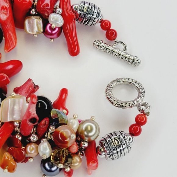 Red Coral Beads Bracelet with Pearls and multicolored Round Beads - Picture 5 of 11